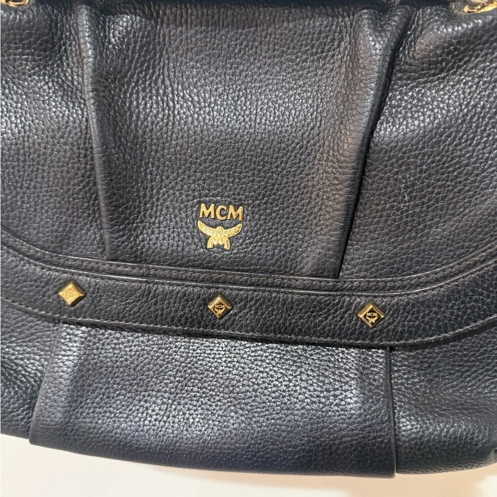 MCM Black Pebbled Leather Studded Flap Shoulder Bag w/ Chain Strap Vintage rare